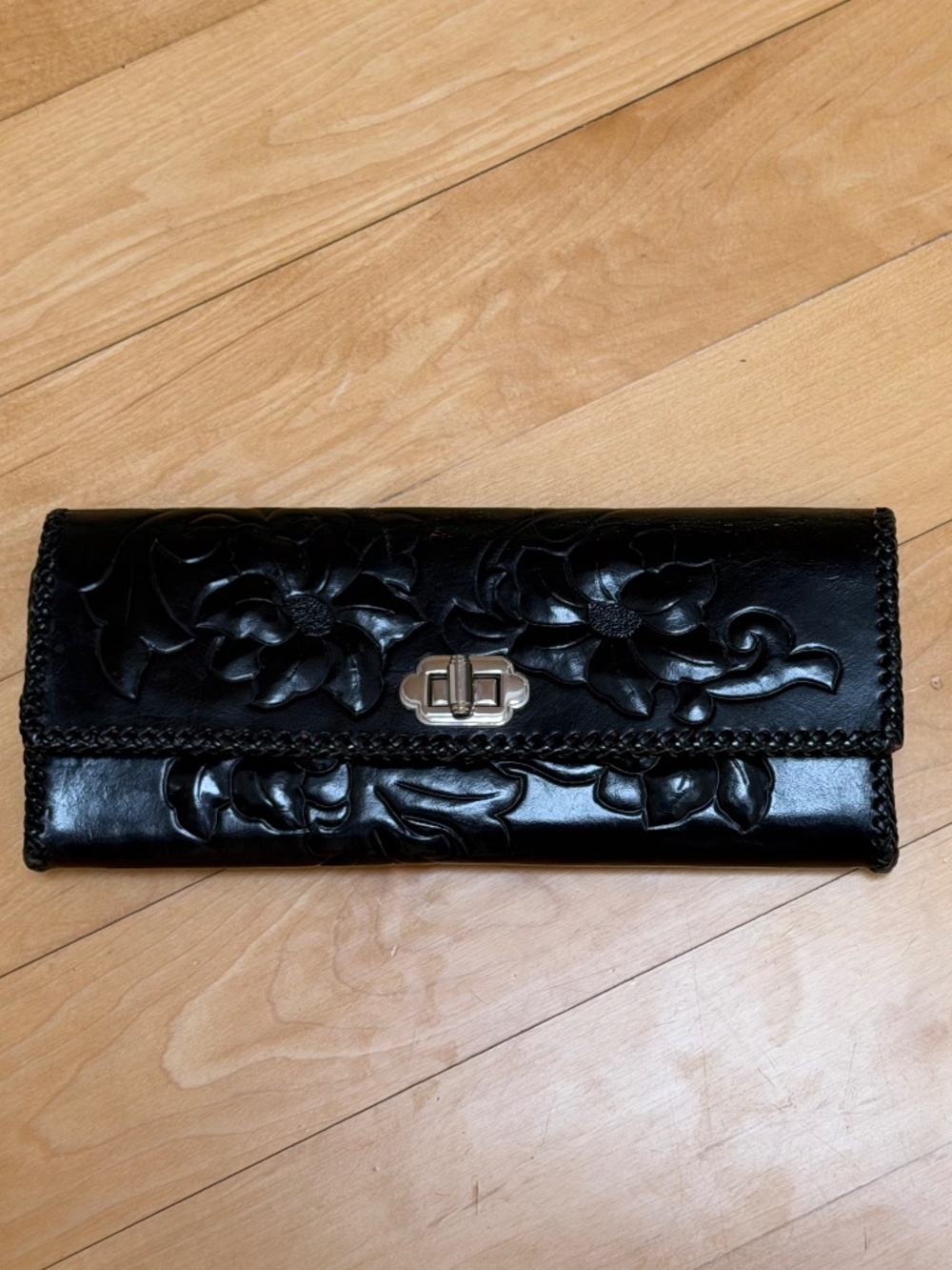 Vintage Hand Tooled Black Leather Clutch Purse